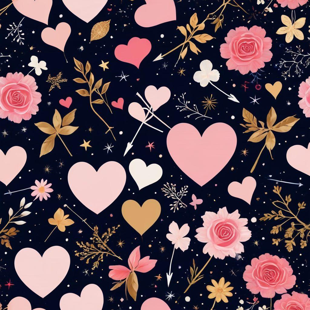 A whimsical collage of intertwined hearts, flowers, and romantic symbols like Cupid and arrows. The backdrop features a starry night sky filled with soft glowing lights, reflecting a dreamy ambiance. Incorporate diverse couples enjoying intimate moments, surrounded by elements of passion like candles and love letters. The color palette should be warm and inviting, with shades of red, pink, and gold. vibrant colors. painting.