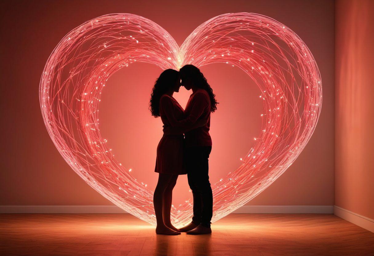 An abstract heart composed of intertwining threads symbolizing emotional connections, surrounded by soft glowing lights to convey warmth. Add silhouettes of diverse people embracing in the background, representing intimacy and connection. The color palette should be warm, featuring shades of red, pink, and gold to evoke feelings of love and sentiment. Artistic style: vibrant colors. 3D rendering.