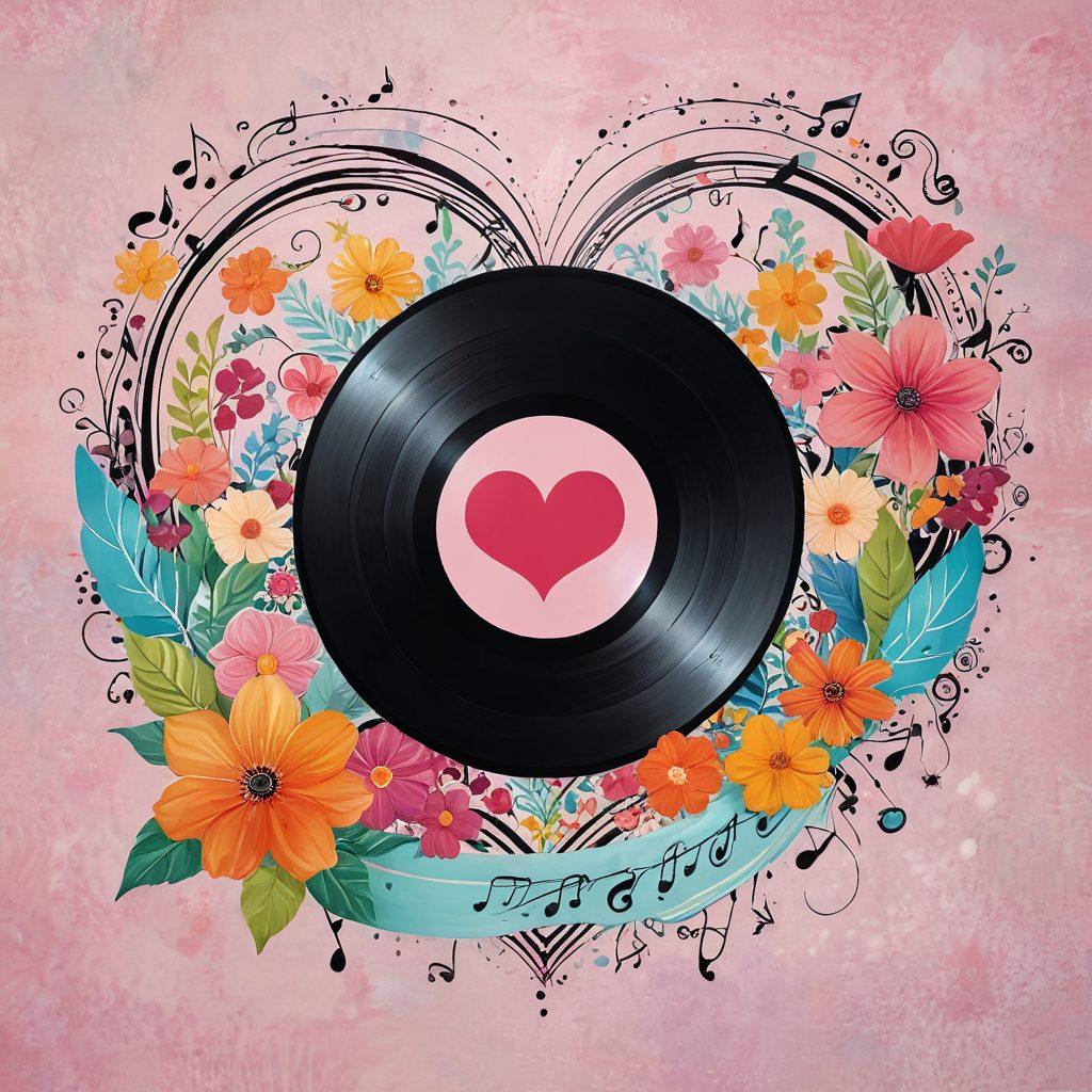 A whimsical scene depicting a heart-shaped vinyl record with musical notes swirling around it, surrounded by vibrant flowers and Cupid's arrow striking through the center. The background features soft pastel colors and a dreamy ambiance, inviting emotions of love and passion. Illustrative style with a touch of romance and fantasy elements. vibrant colors. playful illustration.